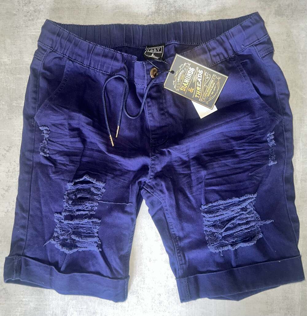 Diamonds & Threads Men's Blue Ripped Denim Shorts with Drawstring Waist Size L